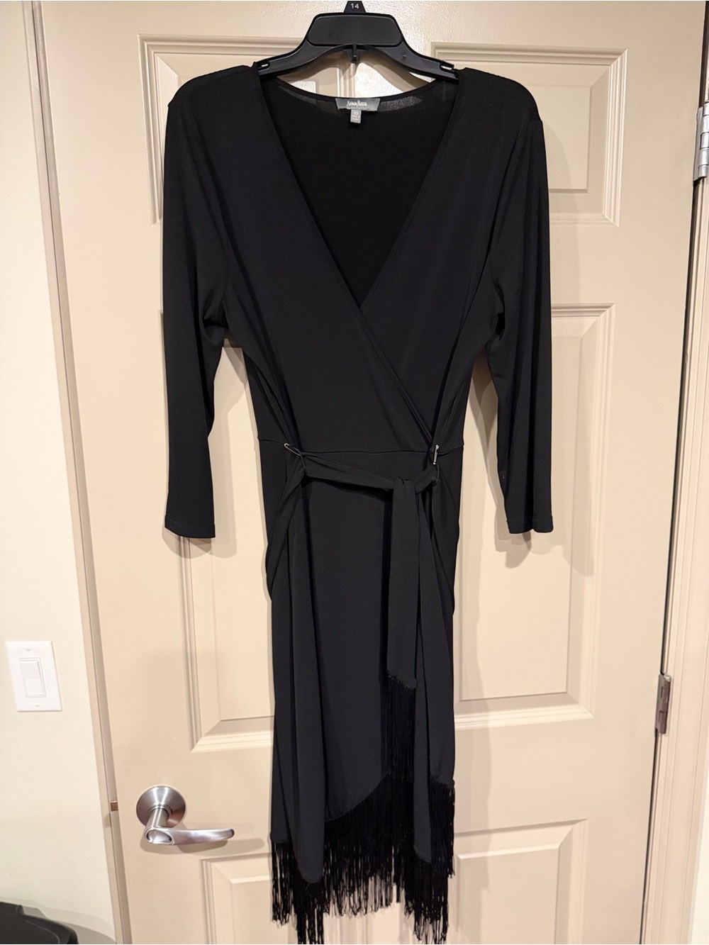 Worn once to a wedding. Neiman Marcus Black Fringe Wrap Midi Dress